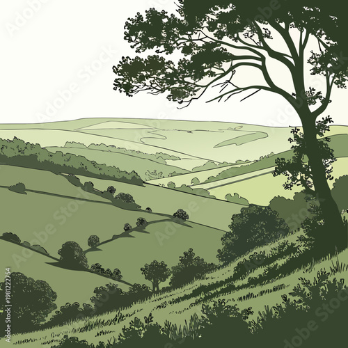 A serene landscape illustration depicts rolling green hills a solitary tree and a pale yellow sky evoking a sense of calm