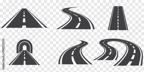 Seamless straight asphalt road graphic with white dashed line markings, top view of a highway street lane for transportation and traffic concepts, isolated vector element for map design