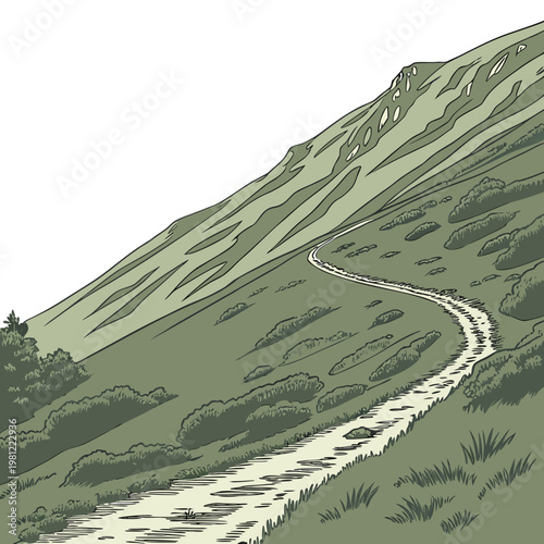 A winding road snakes through a lush green hillside landscape reminiscent of a vintage travel poster illustration style high quality professional detailed