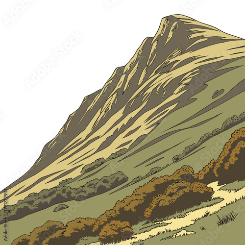 A stylized illustration depicts a steep rocky mountainside with layered shades of brown and green vegetation at its base high quality professional
