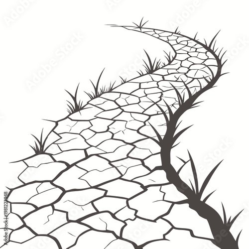 A stark black and white illustration depicts a winding cracked path with sparse vegetation resembling a desolate and barren landscape high quality