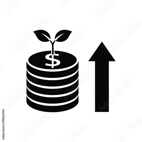 Photography A simple black and white icon depicts a growing plant sprouting from a stack of