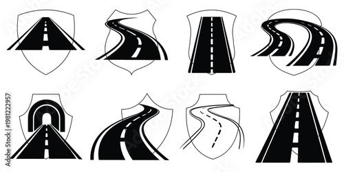Seamless straight asphalt road graphic with white dashed line markings, top view of a highway street lane for transportation and traffic concepts, isolated vector element for map design