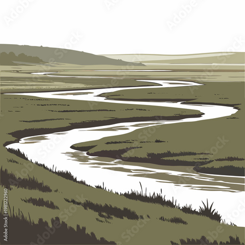 A stylized illustration depicts a winding river flowing through a vast grassy plain with gentle hills in the distant background high quality
