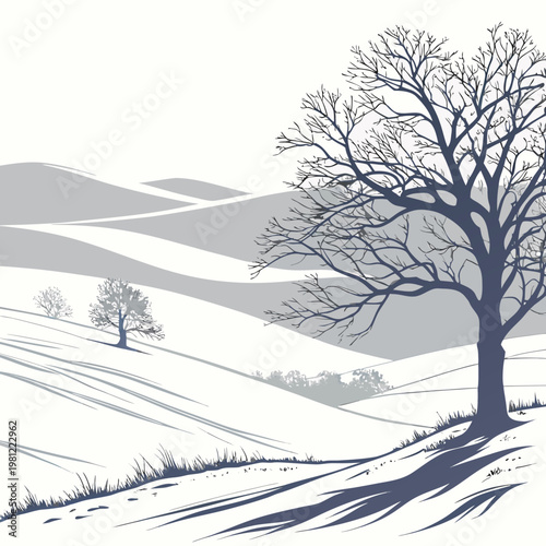 A minimalist landscape depicts a bare tree in the foreground with rolling hills and a softly shaded wintery background high quality professional