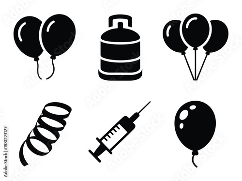 Collection of Party and Medical Balloons, Water Jug, Streamer, Syringe