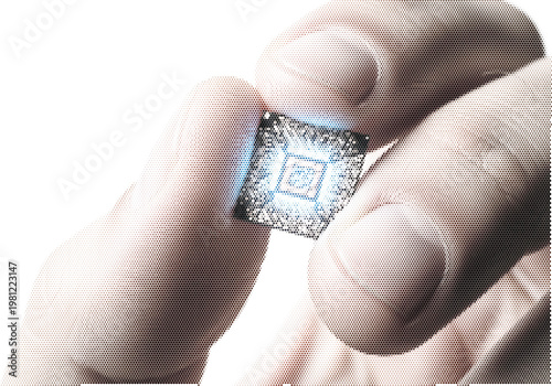 Cuadro en lienzo Microchip held in fingers, glowing semiconductor processor on white background,