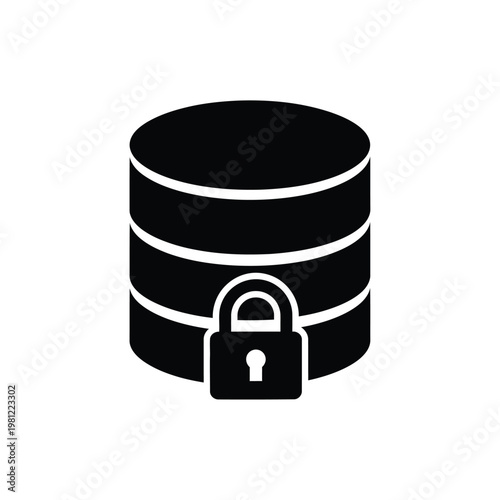 A simple black and white glyph depicting a cylindrical database with a prominent padlock securing it high quality professional