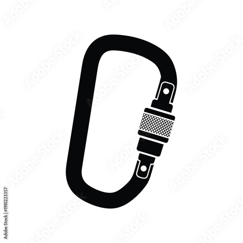 A stark black silhouette depicts a closed carabiner a critical piece of climbing safety equipment isolated on white