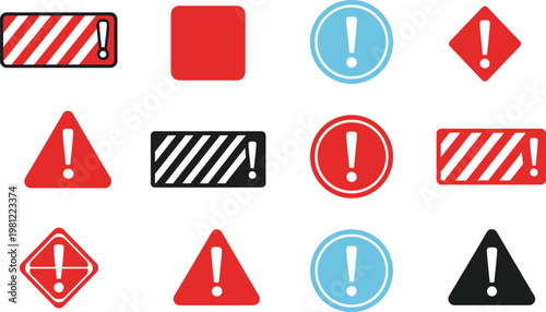 Stylized decorative warning icon illustration featuring exclamation marks, triangle, circle, diamond, striped patterns, colorful caution symbols, creative safety alert artwork design.