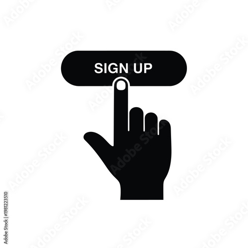 A black silhouette of a hand pressing a sign up button illustrating digital interaction and registration high quality professional