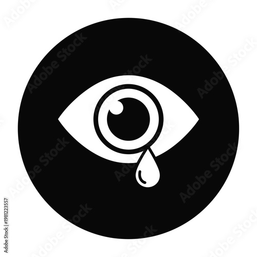 A stark black and white illustration depicts a human eye with a single teardrop falling conveying sadness or grief high quality