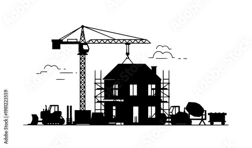 Building construction icon scene vector house with crane development illustration isolated on white background