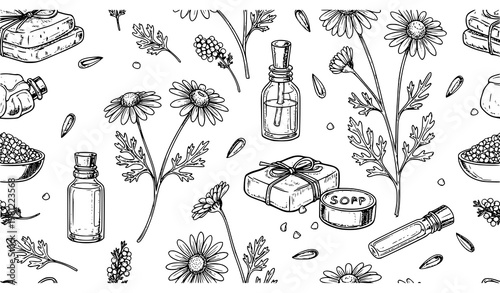 Chamomile Floral Seamless Pattern Herbal Spa Cosmetic Vector