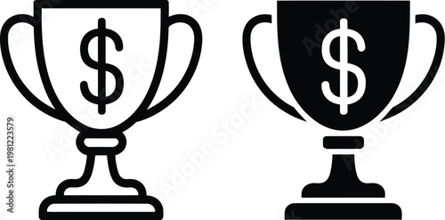 Trophy icons set outline and solid black with dollar sign financial success prize money business achievement reward symbols vector illustration