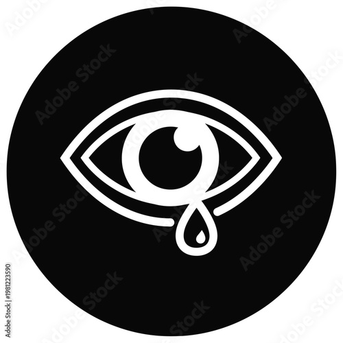 A stark white eye illustration within a black circle displays a single teardrop conveying sadness or surveillance high quality