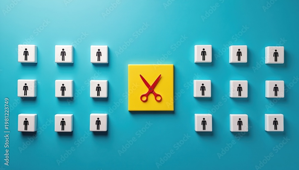 Naklejka premium Red scissors on yellow square cut through grid of white cubes with people icons. Concept for job cuts, layoffs, unemployment, and staff reduction. Business downsizing idea.