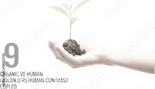 Organic plant seedling in human hand, environmental growth concept with 9 elements, sustainable nature and human contrast vector illustration