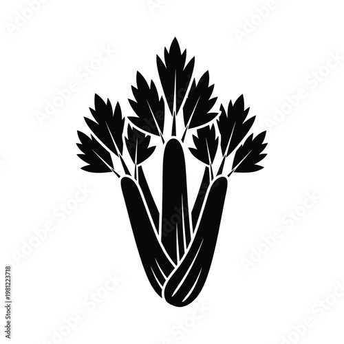 A striking black silhouette depicts a bunch of celery stalks with detailed leaf structures presented on a white background