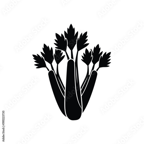 A stark black silhouette depicts a bunch of celery stalks with leafy greens isolated on a white background