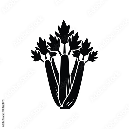A stylized black silhouette depicts a bunch of fresh celery stalks with detailed leafy tops isolated on white