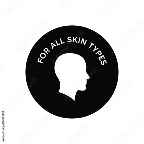 A circular black emblem features a white human face profile with text declaring suitability for all skin types