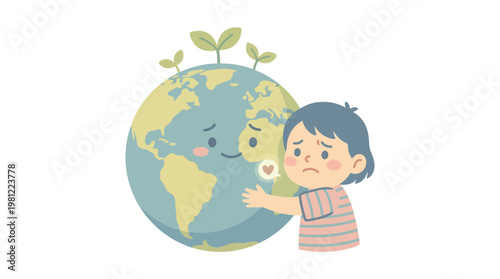 A cute illustration of a child hugging a smiling Earth with plants, symbolizing environmental care and protection.