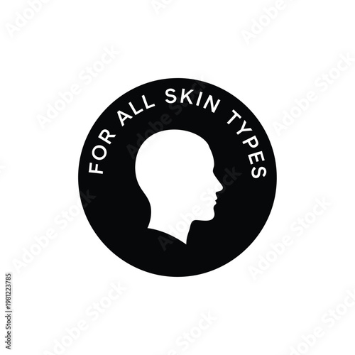 A black and white circular graphic features a profile of a head with text indicating suitability for all skin types
