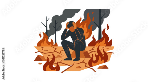 A person in despair amidst a raging wildfire and drought-stricken landscape, symbolizing climate crisis and environmental destruction.