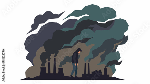 A person walks dejectedly through a heavily polluted industrial landscape with thick dark smoke filling the air.