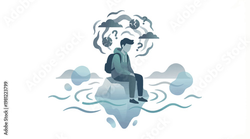 A person sits alone on an iceberg, surrounded by swirling thoughts and question marks, symbolizing isolation and mental struggle.