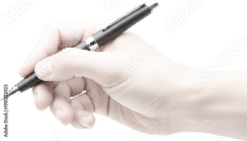 Minimalist hand holding black pen vector illustration, person writing or signing document, realistic human hand with ballpoint pen on white background
