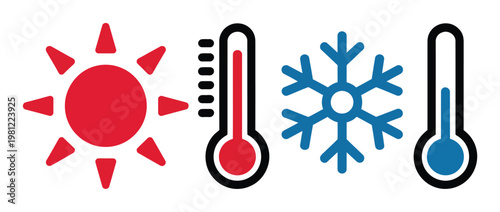 Representing hot and cold weather conditions with thermometers and snowflake