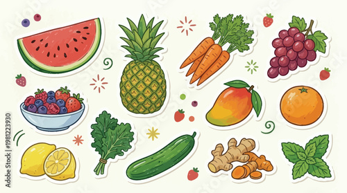 Colorful Assorted Fresh Fruits and Vegetables Illustration