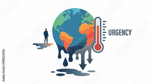 A conceptual illustration showing a melting Earth with a high-temperature thermometer labeled "URGENCY," symbolizing climate change and global warming.
