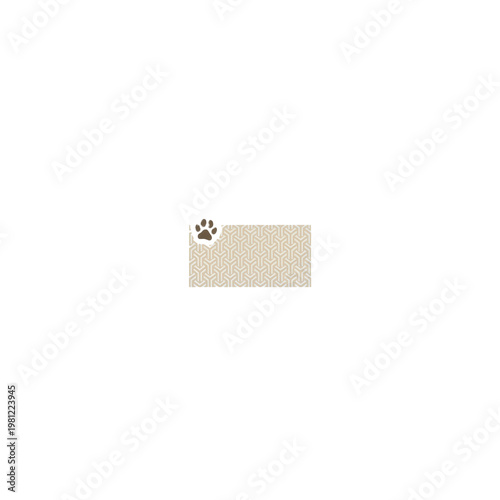 a hyper-clean trail of four brown animal paw prints, sharply rendered, walking diagonally upward across a beige geometric pattern, centered on a transparent background, suggesting a professional pet