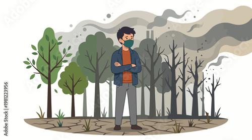 A man in a face mask stands between a healthy green forest and a polluted, deforested industrial landscape, illustrating environmental contrast.