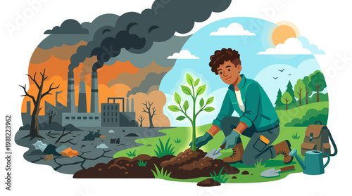 A powerful illustration contrasting environmental pollution and degradation from industry with the hopeful act of planting a tree for conservation and a greener future.