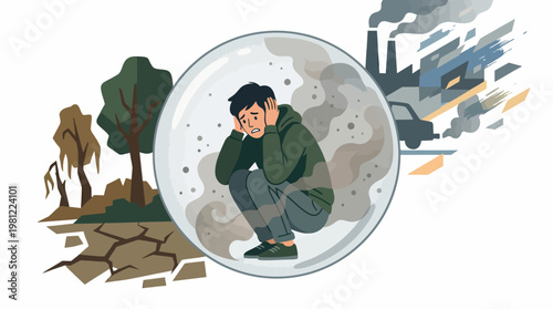 A person trapped in a bubble filled with smoke, surrounded by environmental destruction from drought, deforestation, industrial pollution, and car emissions.