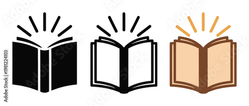 Three stylized of an open book with radiating light, in black, outline, and colored versions