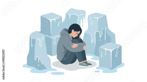 A sad person sits huddled on the ground, surrounded by melting ice blocks, depicting feelings of isolation and emotional coldness.
