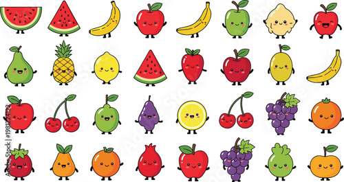 Large Bundle of Kawaii Fruit Characters Featuring Cute Smiling Faces for Kids Educational Materials Stickers Healthy Eating Campaigns and Vector Graphic Design