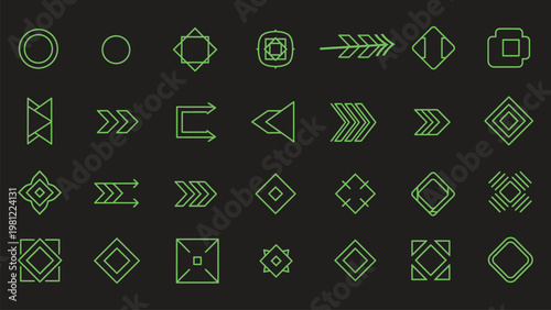 Green geometric icons, modern symbols, shapes and arrows, vector graphics