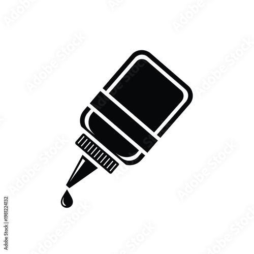 A minimalist black and white icon depicts a bottle of glue with a single drop falling from its tip high quality
