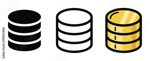 Three stylized of stacked coins: black, white, and gold