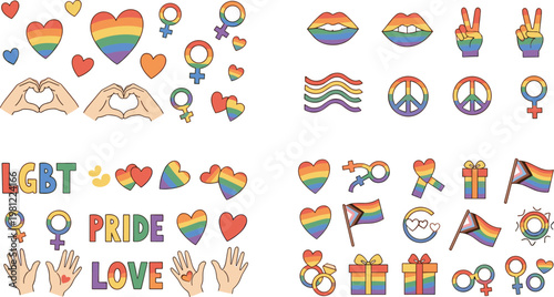 Colorful LGBT Pride Month Vector Icon Set Featuring Rainbow Hearts, Peace Signs, Gender Symbols, Flags, and Romantic Love Elements