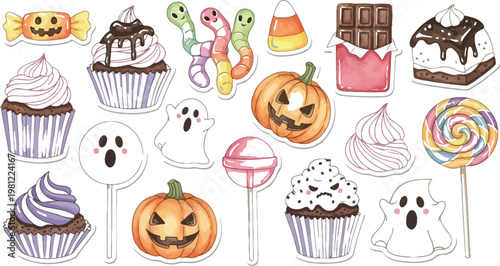 Whimsical assortment of cartoonish halloween-themed cupcakes and treats Vector