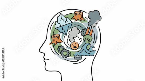 A person's head with environmental concerns like deforestation, pollution, and melting ice inside, representing eco-anxiety and mental distress.