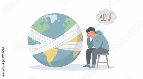 A distressed person sits beside a bandaged Earth, contemplating environmental problems like global warming and wilting plants.
