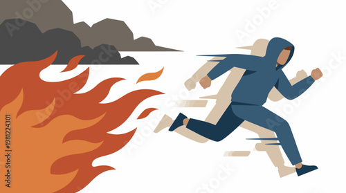 Person in blue hoodie running away from a large, spreading fire with dark smoke.